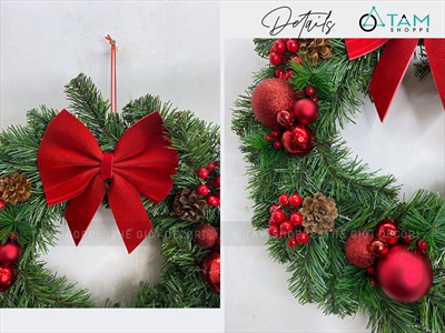 Vòng nguyệt quế Noel cổ điển nơ đỏ ĐK 40-50cm VNGQ-X-47